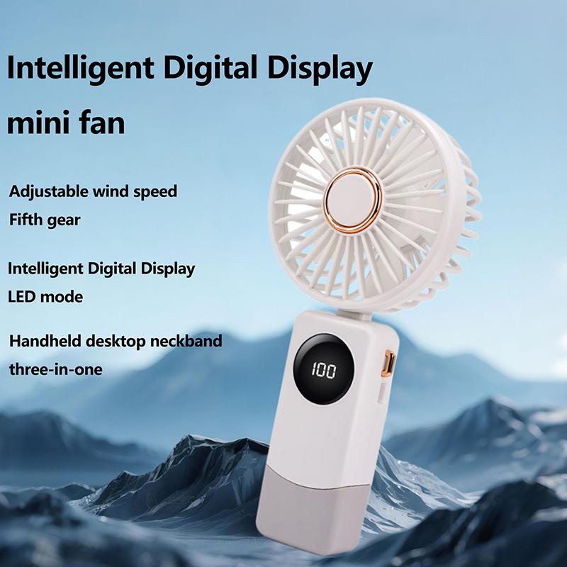 Portable Handheld Personal Rechargeable Fan Led Digital Display 90°Adjustable Rechargeable Fan 5 Speed Wind With Lanyard