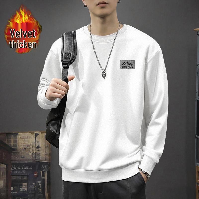 Men's Trendy Hong Kong Style Loose Fit Round Neck Sweatshirt, Autumn/Winter, Plus Velvet, 420g