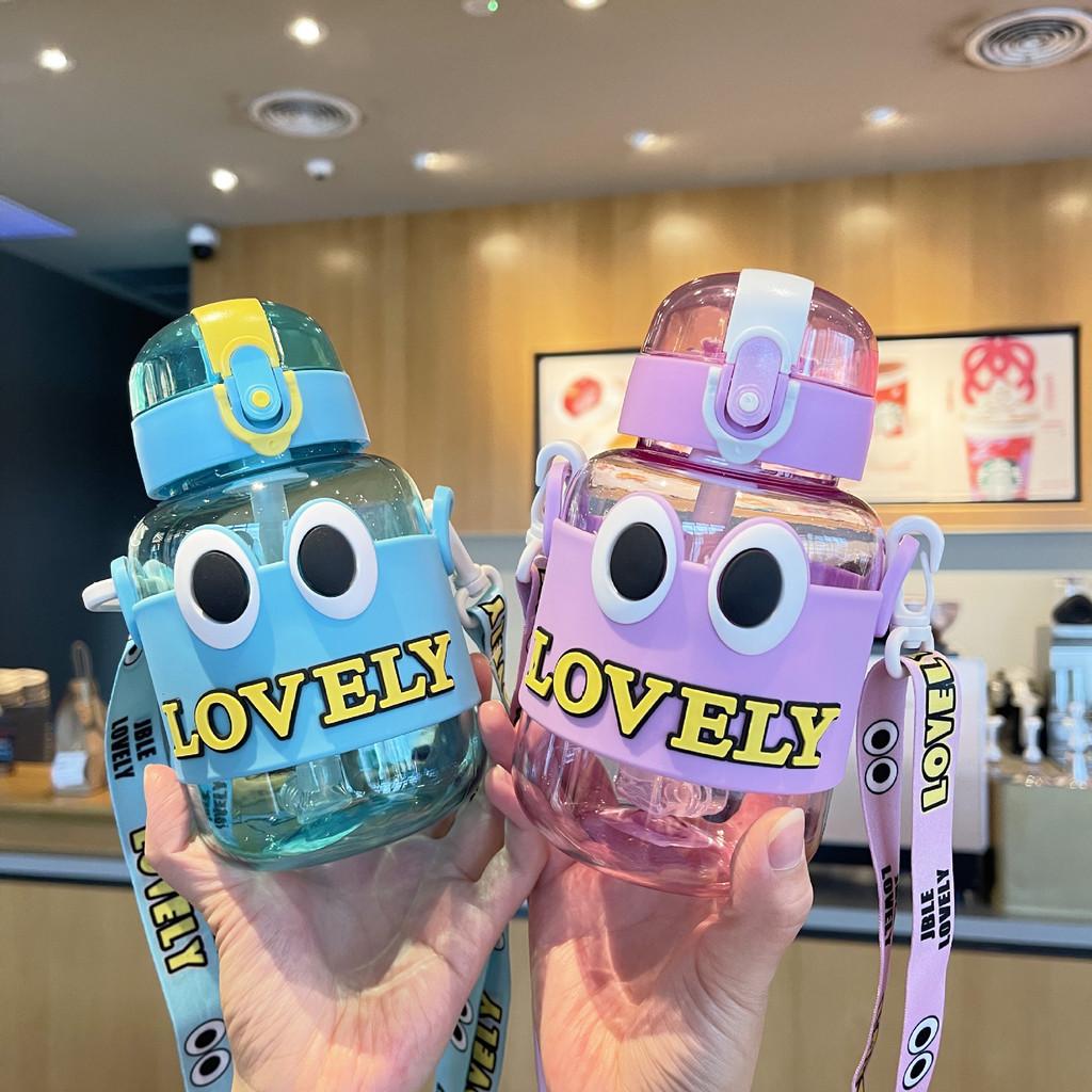 Cute Cartoon Dopamine Children's Water Bottle With Portable Strap Straw Large Eyes Fat Cup Outdoor