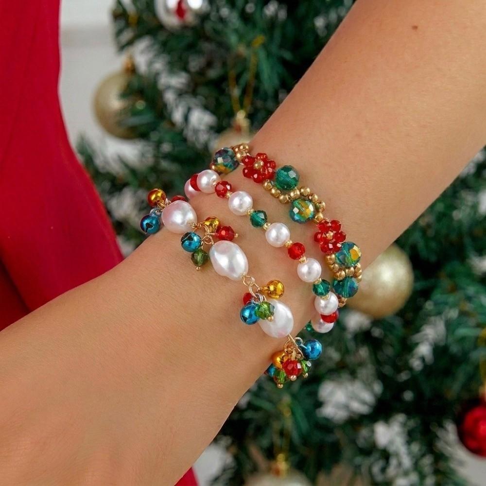 Layered Christmas Bracelet Set Red Green Stackable Bracelets Vintage Beaded Hand Chain Women