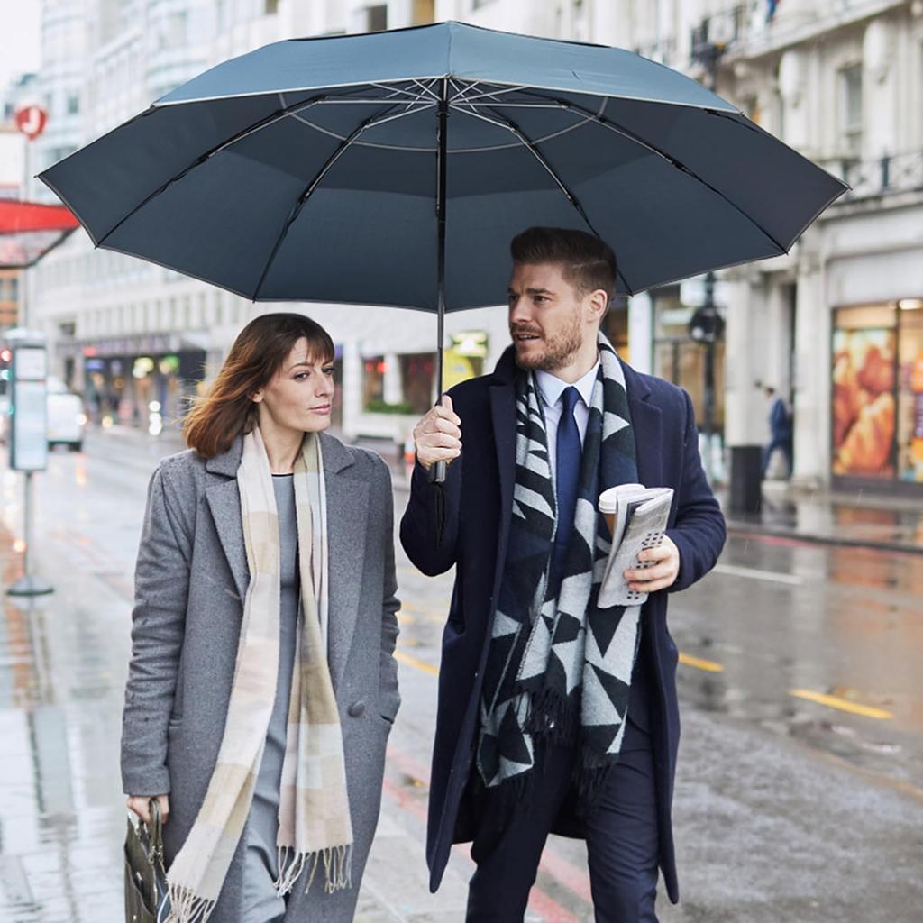 G4Free Windproof Inverted Umbrella with Reflective Large Compact Reverse Golf Umbrella for Double Canopy Travel Umbrella with Auto 62-inch Stripes,