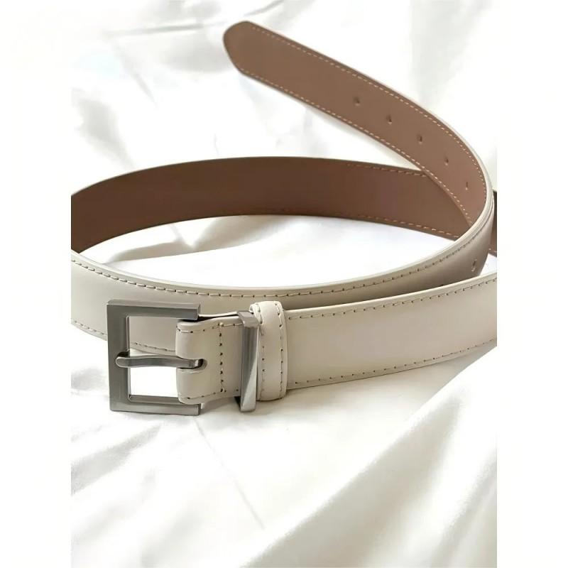 Minimalist White PU Leather Belt Women Slim Fit Alloy Buckle Clean Aesthetic Versatile Office Casual Wear