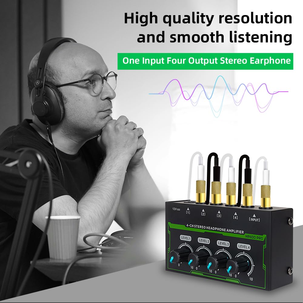 Amplificator pentru căști Btuty, amplificator stereo pentru căști cu 4 canale, mini amplificator audio cu adaptor de alimentare, interfață DC 12V, amplificator portabil pentru căști