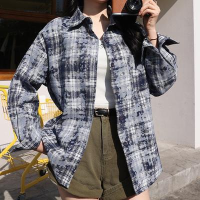 Checkered Shirt Women's Print Spring Autumn Tie Dye Loose Fashion Trend Retro High-end Sense Mid Length Top Blouse