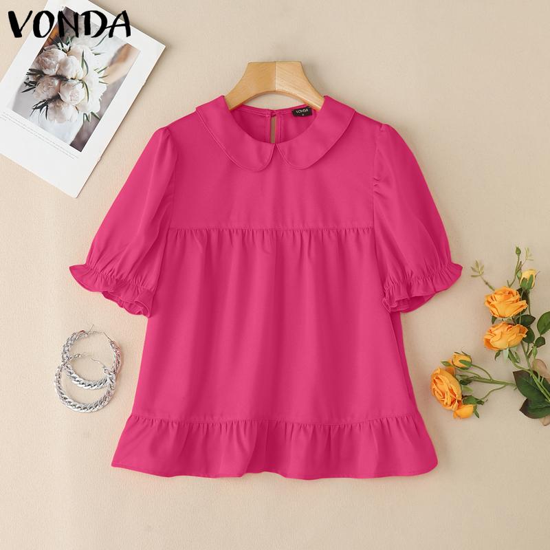 VONDA Women Lapel Neck Blouse Short Sleeve Ruffled Casual Summer Tops
