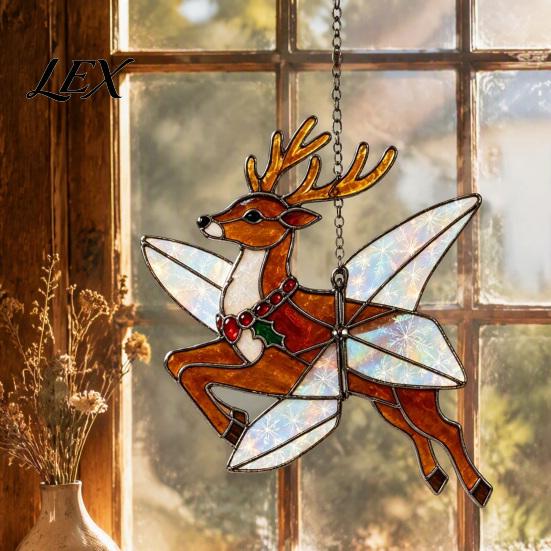 Xmas Decoration Accessories Christmas Snowman/Santa Claus/Deer Suncatcher, Stained Glass Style Pendant with Hanging Living Room Festive Decor