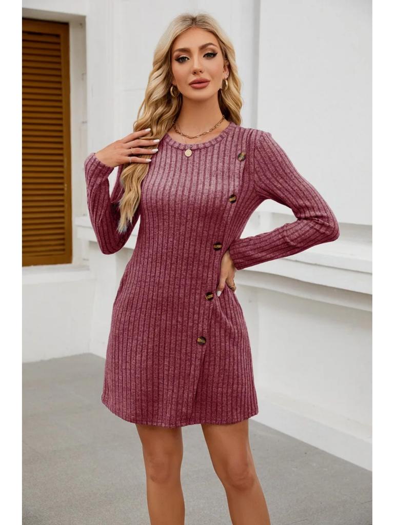 Popular Women's Round Neck Side Button Pocket Long Sleeved Waist Tied Dress