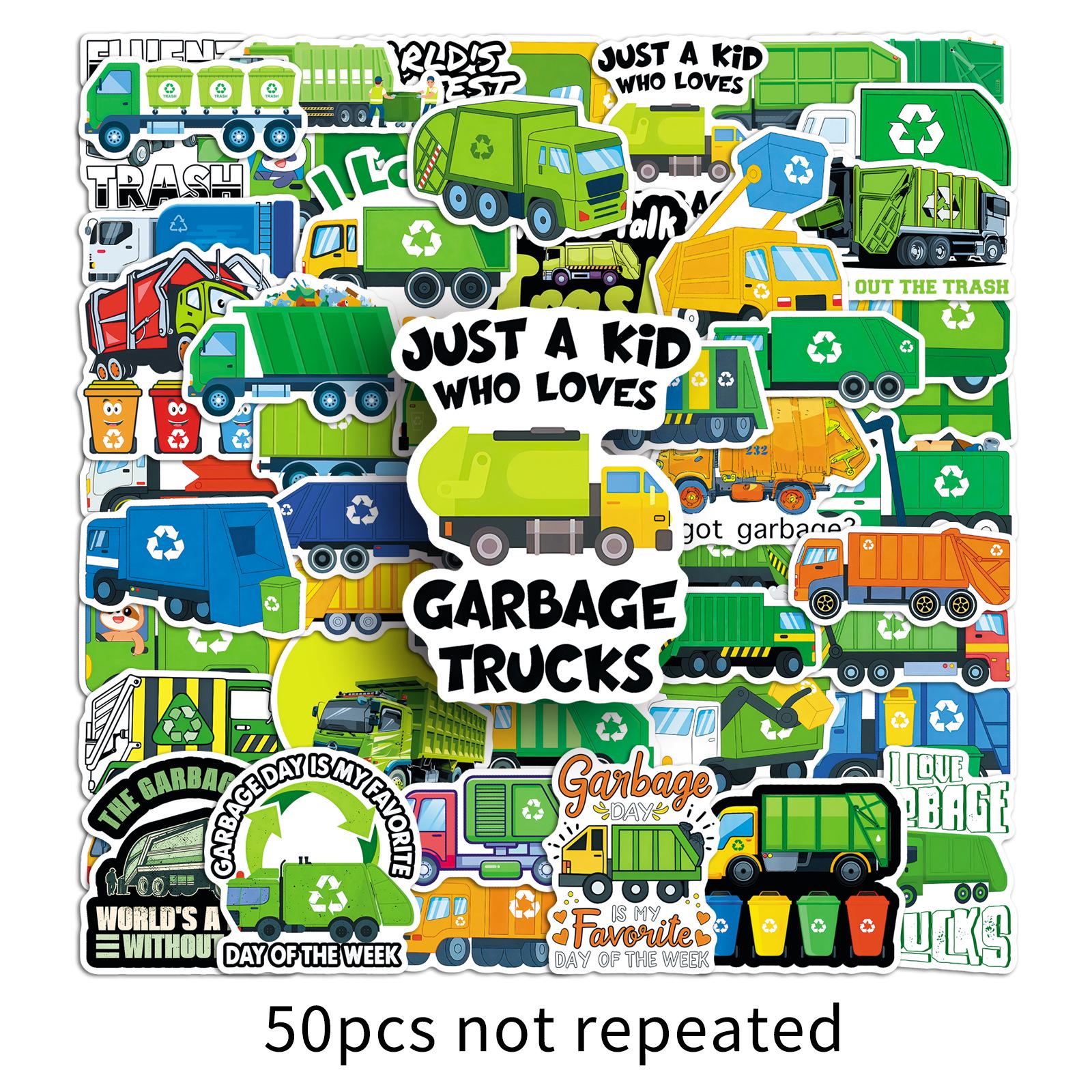50 Cartoon Garbage Truck Stickers - Waterproof, Eco-Friendly Vehicle Designs for Decoration & Thermos Cups