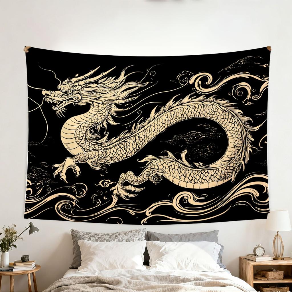 2026 Happy New Year Tapestry  Dragon Pattern Swirl Cloud Anime Home Decor Polyester Printed Wall Hanging