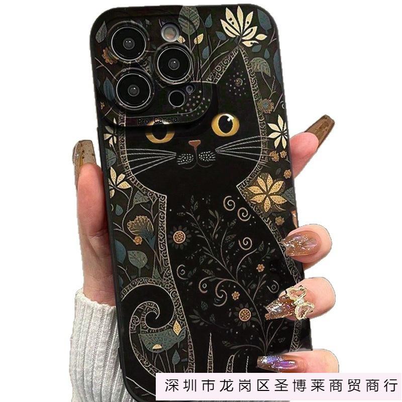 Flower Black Cat iPhone13/14/15ProMax Mobile Phone Case Apple 16/12/11 All Inclusive XS/XR Soft 78p