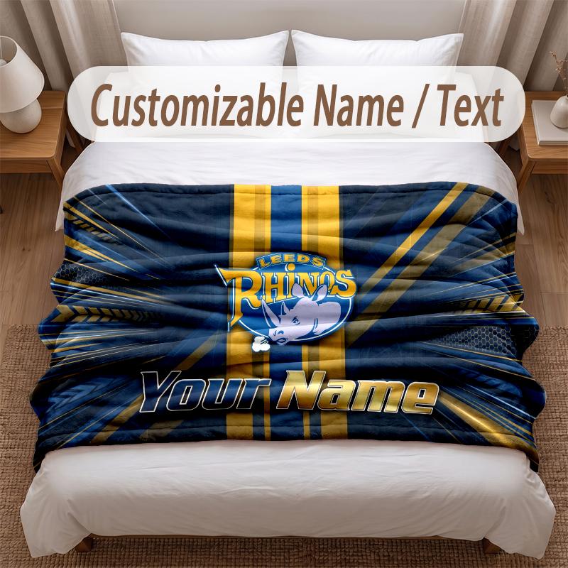 Leeds Rhinos Printed Flannel Blanket Custom Name Text Soft Warm Throw For Bedroom Holiday Gift