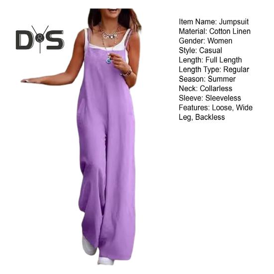 Damen-Jumpsuit, kragenlos, Spaghettiträger, rückenfrei, ärmellos, locker, weites Bein, volle Länge, Overall, lässiges Alltagsoutfit