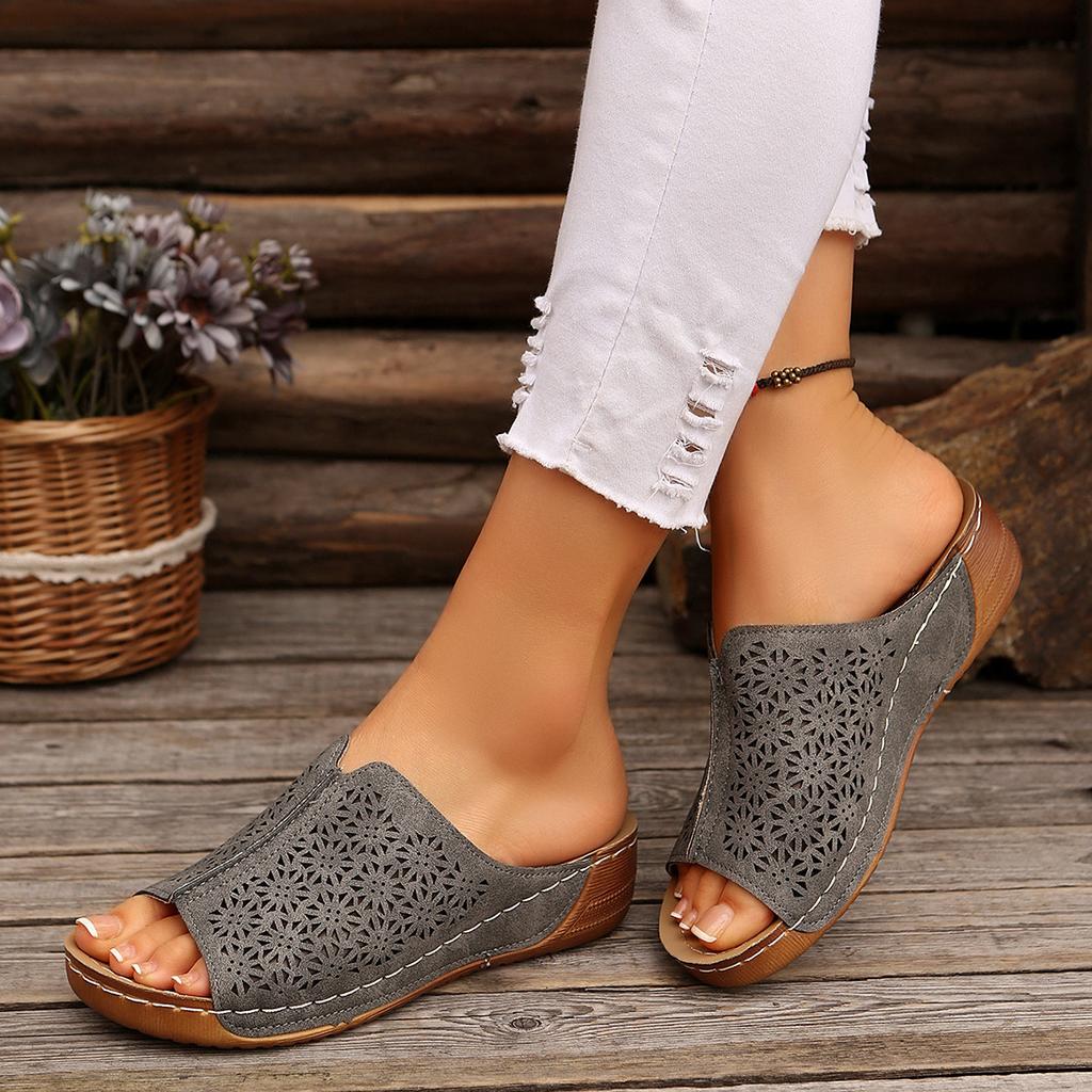 Summer Women's Large Size Round Head Retro Solid Color Sandals Hollow Sewing Line Wedge Sandals