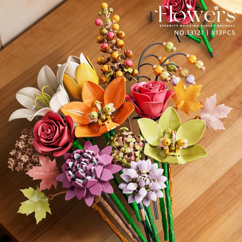 813Pcs Flowers Building Blocks Botanical Bouquet With Rose Lilie Orchid Diy Assembly Toy Preserved Flowers Decor Gift For Girl