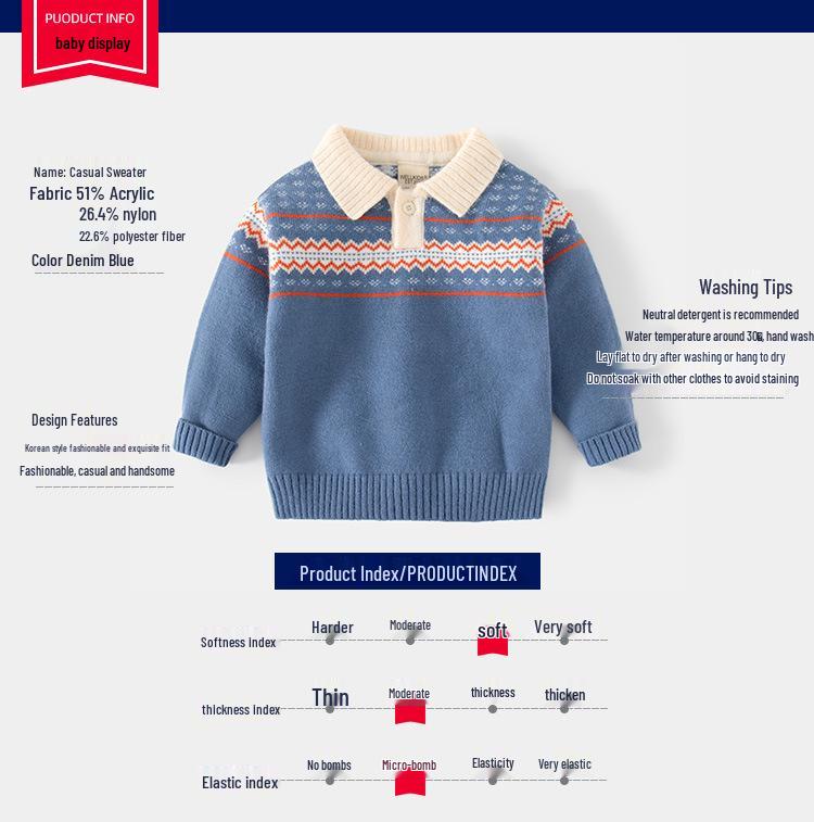 New Boys' Blue Lapel Polo Collar Pullover: Comfortable, Warm, Cute Autumn Sweater