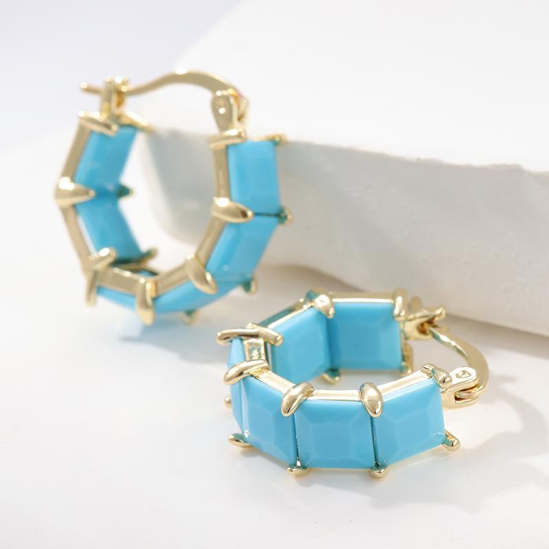 Classic Turquoise Checkered Earrings for Women's Vintage Elegant Golden Plated Jewelry Accessories Exquisite Party Gifts