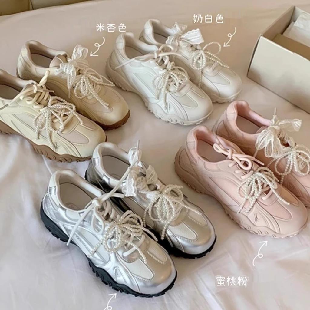 2025 Spring New Lace Pearl Mandarin Duck with Platform Sole Women's German Training Forrest Gump Shoes Korean Versatile Age-reducing Casual Shoes