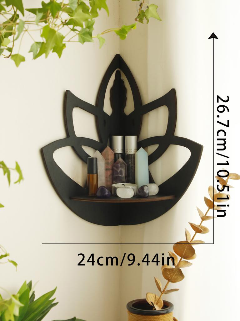 Lotus Crystal Corner Shelf Crystal Shelf Display Black Wooden Wall Shelves Essential Oil Shelf Witchy Decor Aesthetic Spiritual