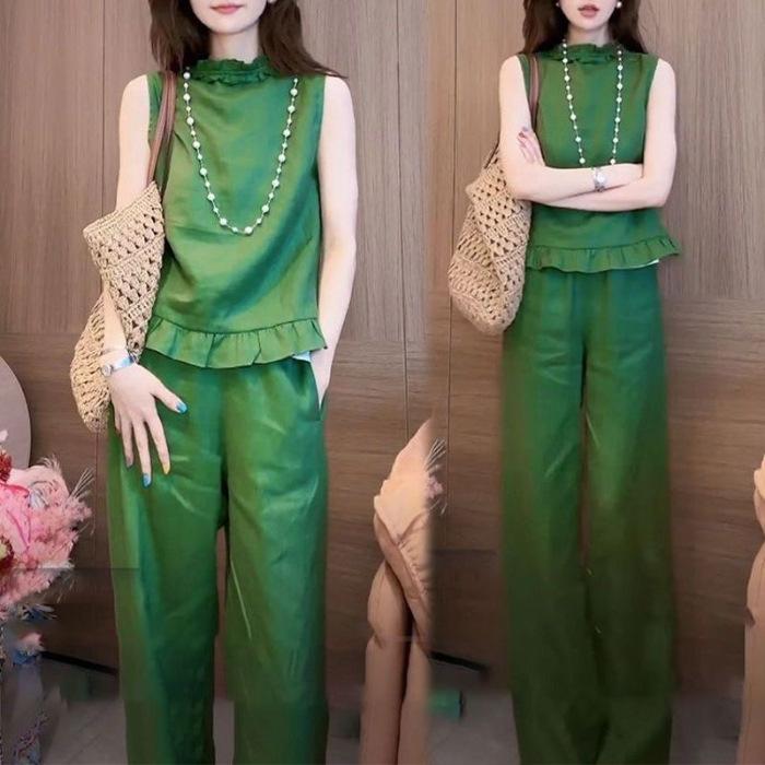 

Fashionable and Stylish Short-sleeved Top, Wide-leg Pants, Casual Sports Outfit, Summer Slim-fit and Figure-enhancing T-shirt Set of Two Pieces 4XL зелений