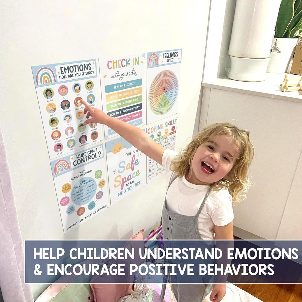 12 Boho Calming Corner Classroom Posters - Feelings Wheel Chart & Emotions Poster For Kids, Calm Down Corner Supplies For Therapy Office Decor,