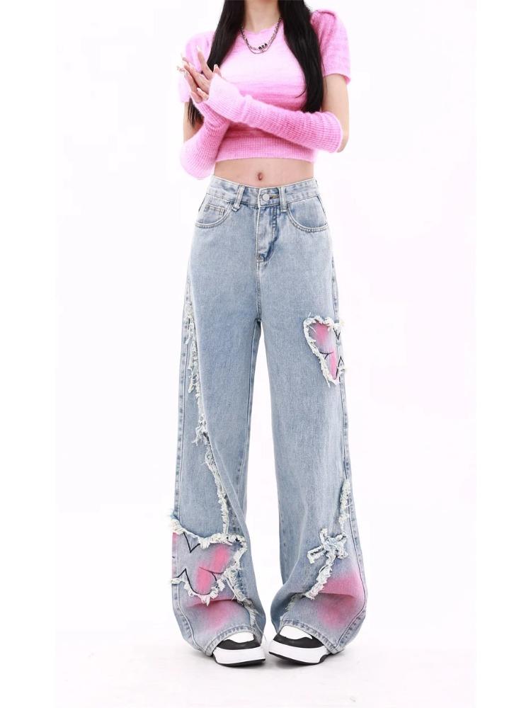 Women's Blue Baggy Butterfly Jeans Vintage Cowboy Pants Harajuku Denim Trousers Aesthetic Y2k Oversize Trashy 2000s Clothes 2026