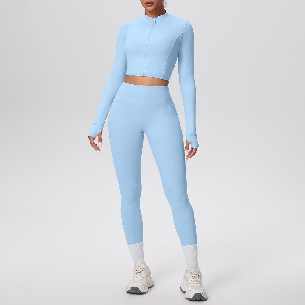 Zipper Crop Top Jacket & High-Waist Butt-Lifting Pocketed Pants Sports Set - Perfect for Yoga, Running, & Casual Fitness.