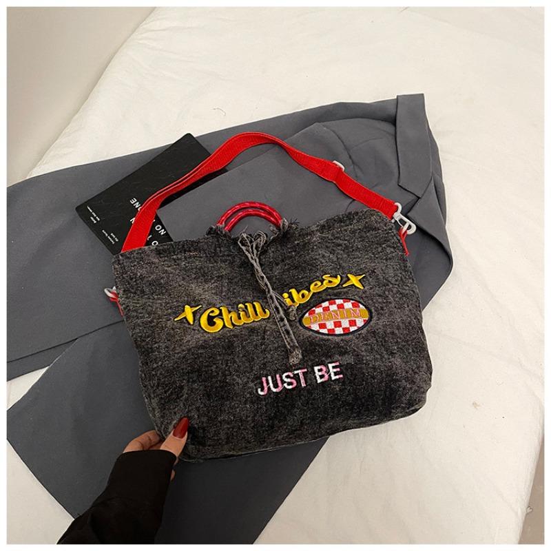 Trend embroidery casual versatile large capacity portable tote bag denim shoulder messenger bag