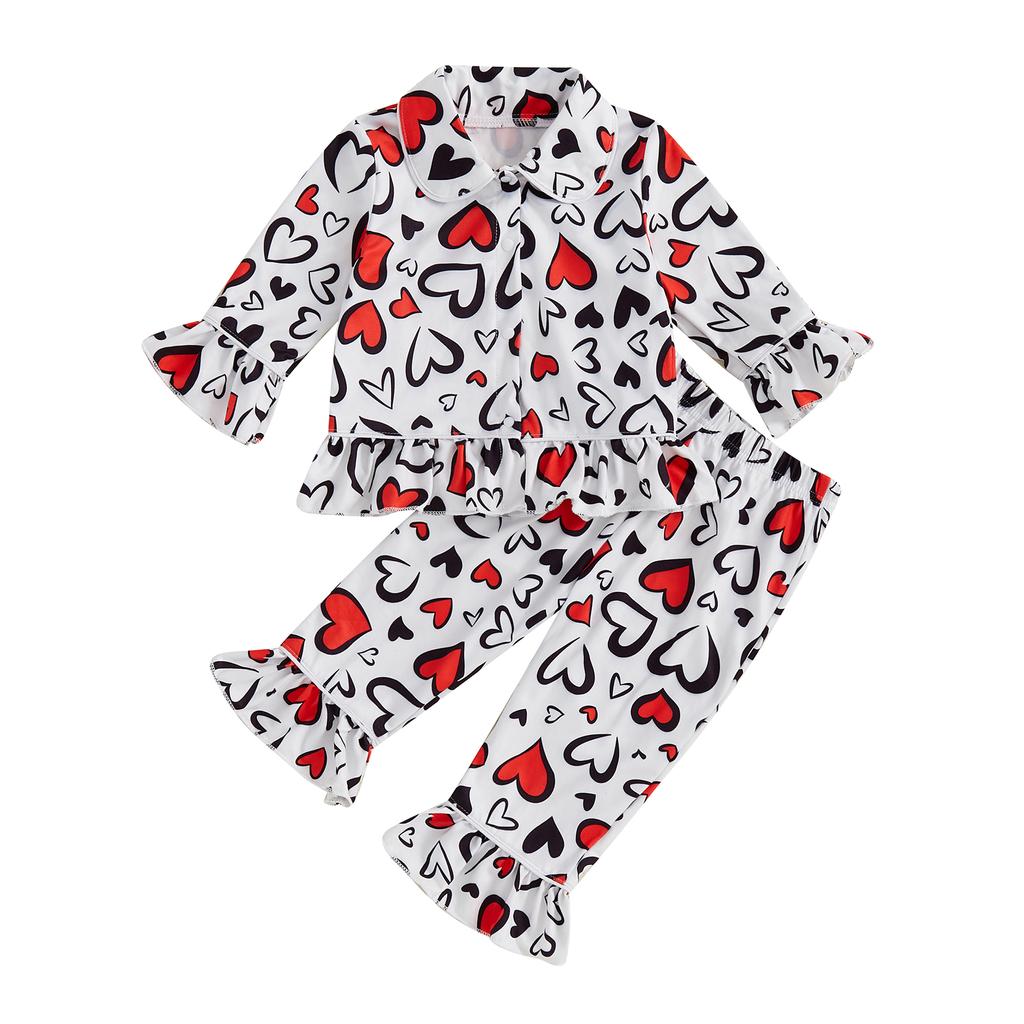 Kids Girls Pajamas Set Heart Print Long Sleeves Shirt and Elastic Pants for Loungewear Sleepwear