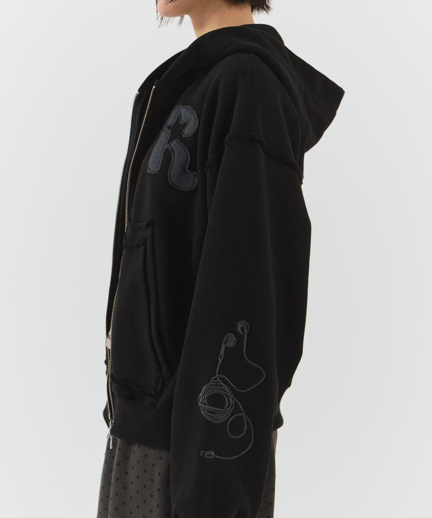 Parakeet Cutoff Applique Zip-Up Hoodie (Black)