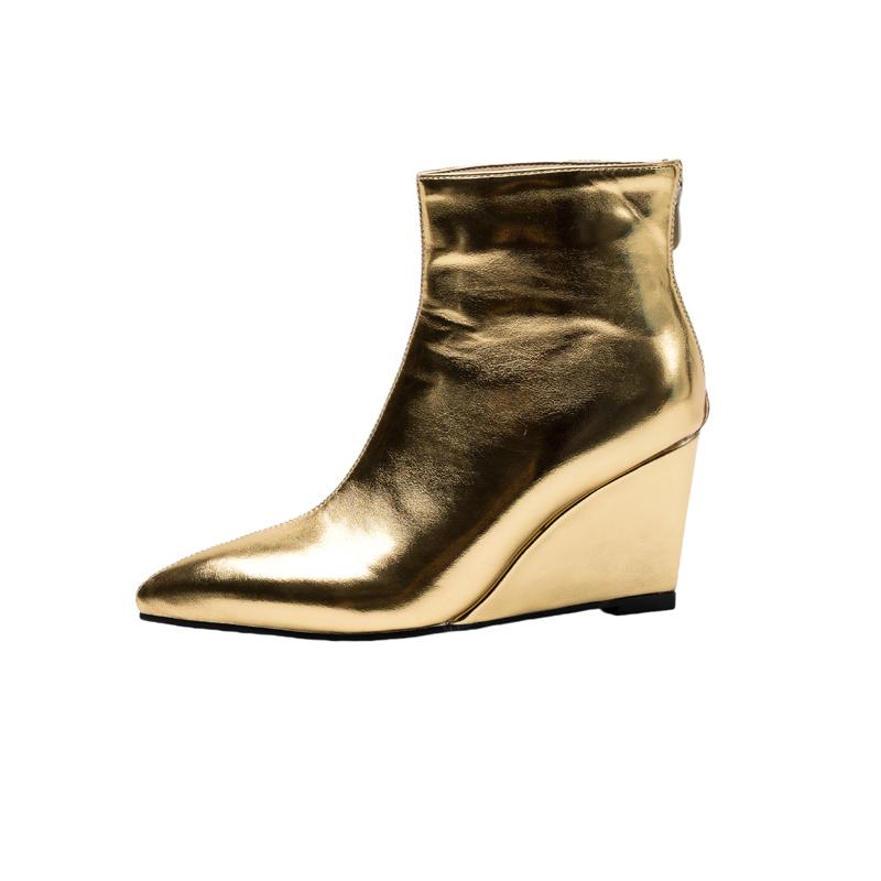 Women's Wedges Boots Gold Silver Pointed Toe Shoes 2024 Autumn Winter Ankle Boots Comfy French Concise Footwear