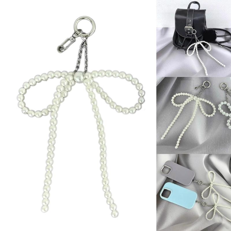 Pearl Bowknot Pendant Keychain Beaded Phone Charm Detachable Bow Phone Lanyard Handmade Keyring Jewelry for Wallet