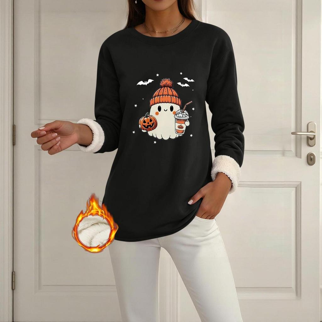 Women's Halloween -Lined Long Sleeve Round Neck Print Casual Winter Top