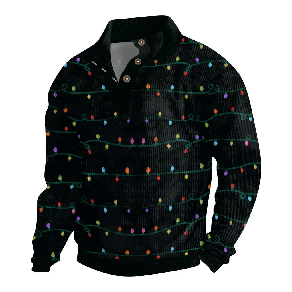 Men's Christmas Cotton Pullover Long Sleeve Outdoor Shirt Vintage Corduroy Button Stand Collar Shirt Casual Sweatshirt Christmas Print Top