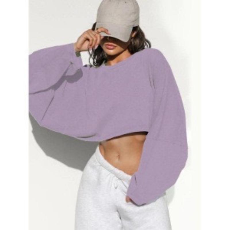 Women's Loose Cropped Solid Color Sweatshirt Casual Long Sleeve Pullover Top Streetwear Blouse