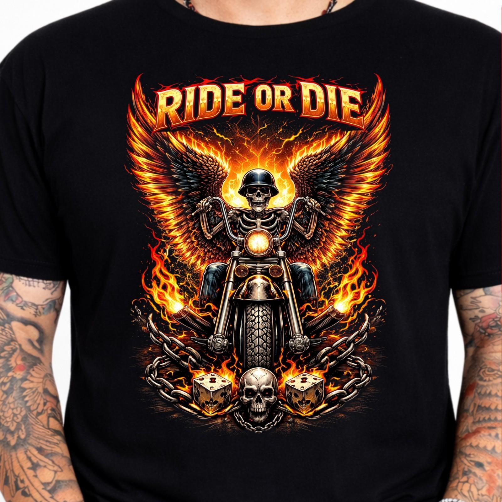 Ride or Die Skeleton Biker T-Shirt Flaming Wings Skull Motorcycle Graphic Tee. XXXL