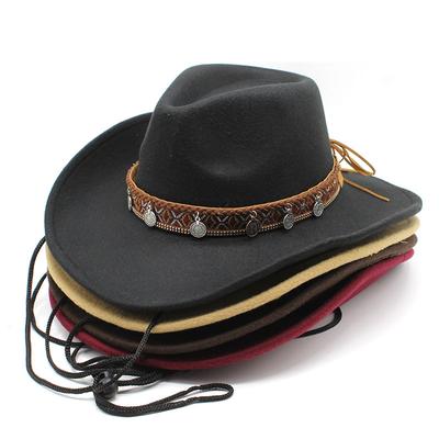 Western Cowboyhut Retro Jazzhut Wollhut Cowboy Filzhut Ethnischer Cowboyhut mit Windschutzseil