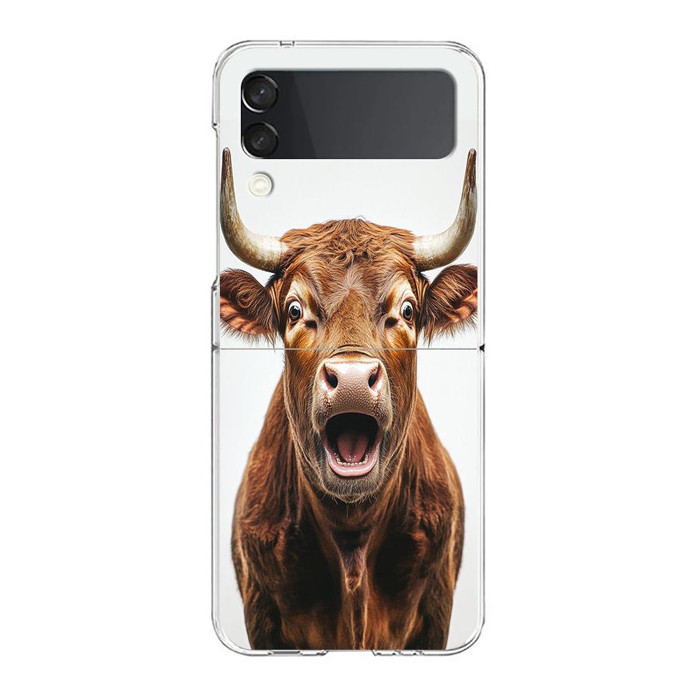 Phone Case For Samsung Galaxy Z Flip 3 4 5 Hard Folding Clear PC Bumper For Samsung Z Flip 6 Back Cover Bull Animal