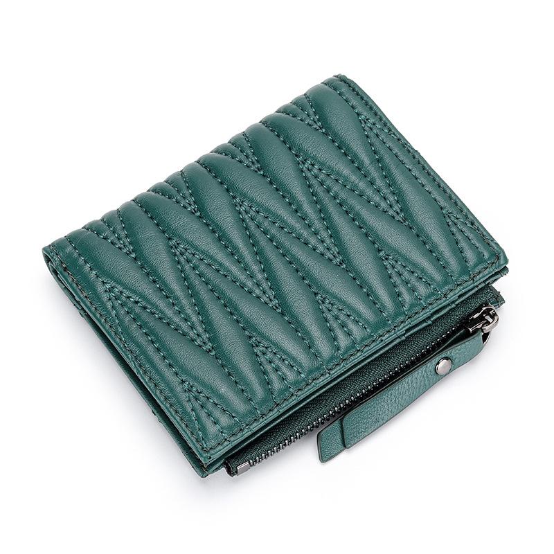 Женский короткий складной кошелек из овчины, корейский модный, с вышивкой, плиссированный, на молнии 11x9x2cm зелёный