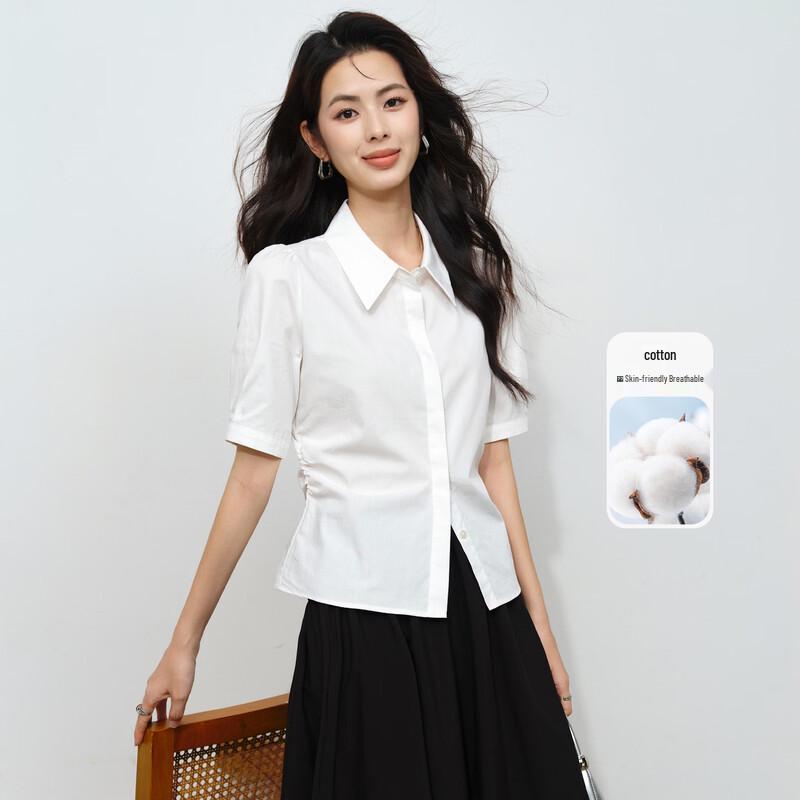 Women s Short Sleeve Pointed Collar Cotton Blend Shirt L