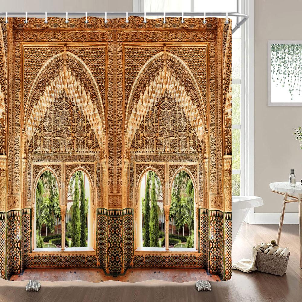 Bathroom Waterproof Shower Curtain Polyester 3D Nordic Moroccan Style Arch Landscape Printing Home Decoration Curtain With Hook