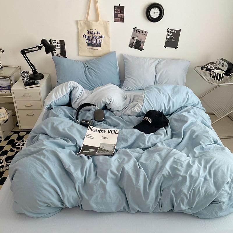 Washed Cotton Bedding Set Solid Color Brushed Bed Sheets Dorm Home