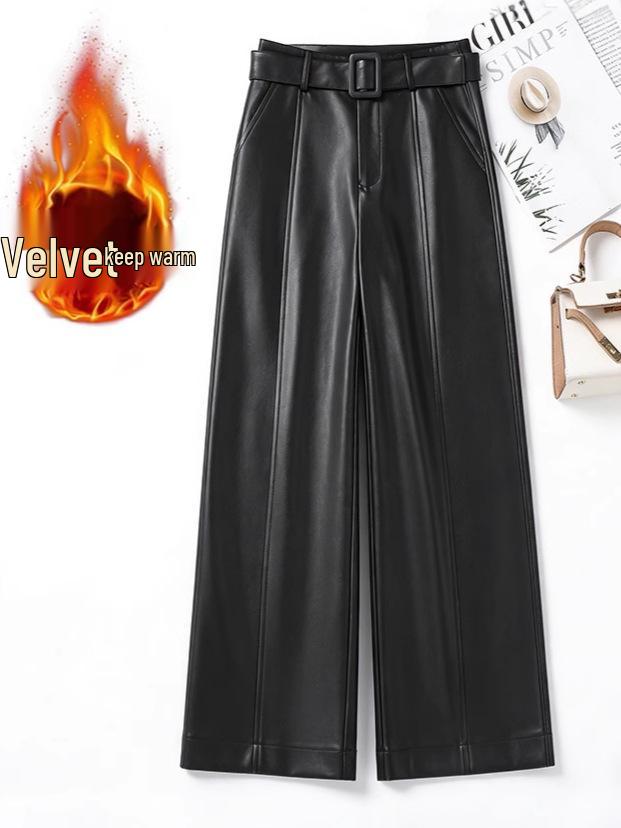 2025 Autumn Winter Women's High Waist Straight Leg Leather Pants, Wide Leg, Plus Velvet, Casual Loose Cropped Fit, Style 514.