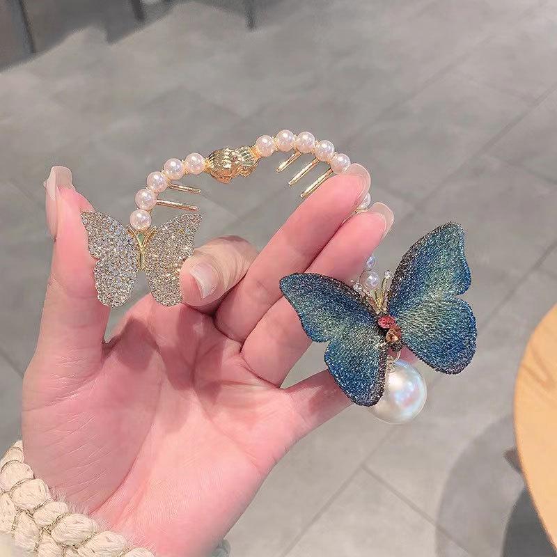 Gradient Blue Butterfly Pearl Ponytail Hair Clip - Women's Retro 2023 Comb & Grab Clip
