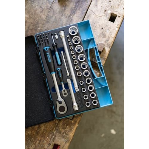 HAZET 953SPC 47-Piece Socket Wrench Set with 1/4" and 1/2" Ratchets, Chrome Vanadium Steel, for Automotive Repair, Mechanics, and Professional DIY. In