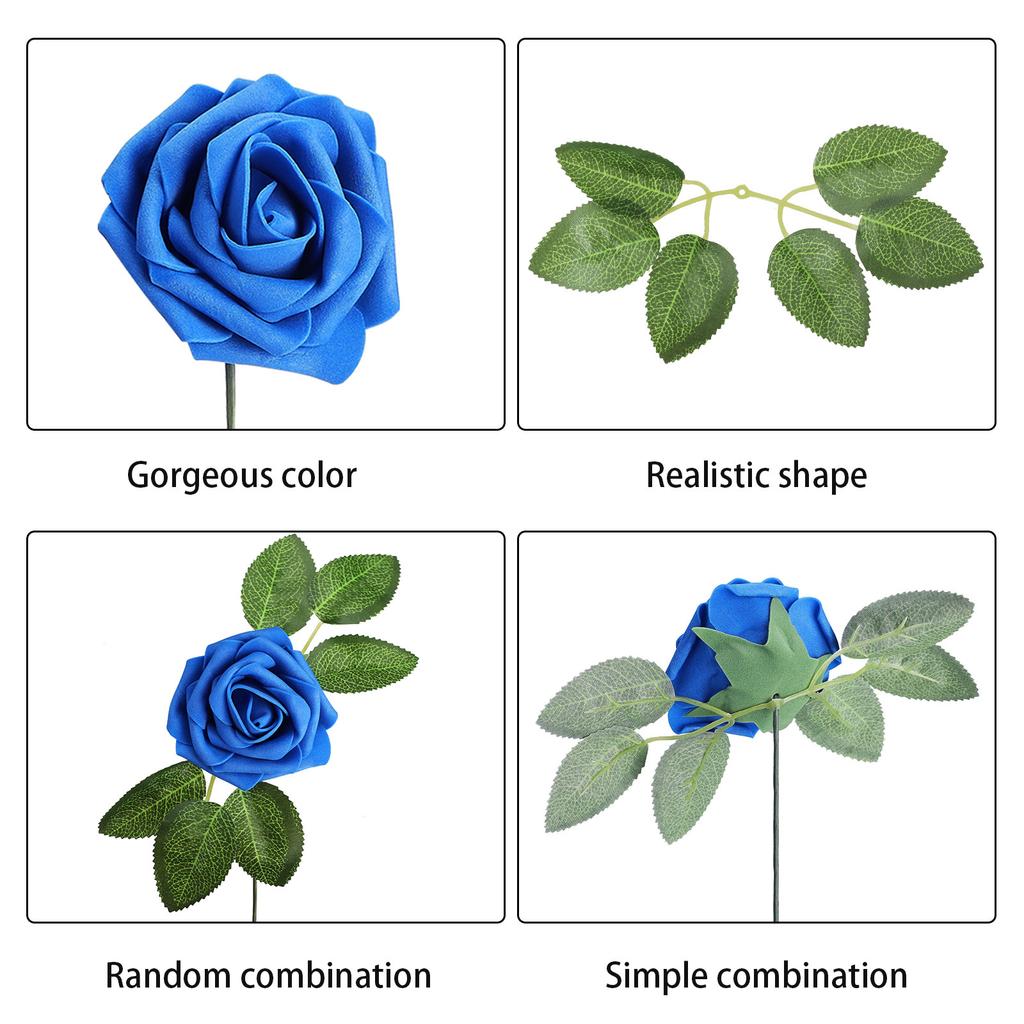 Artificial Rose Flower White PE Foam Fake Simulation Rose with Leaf and Stem