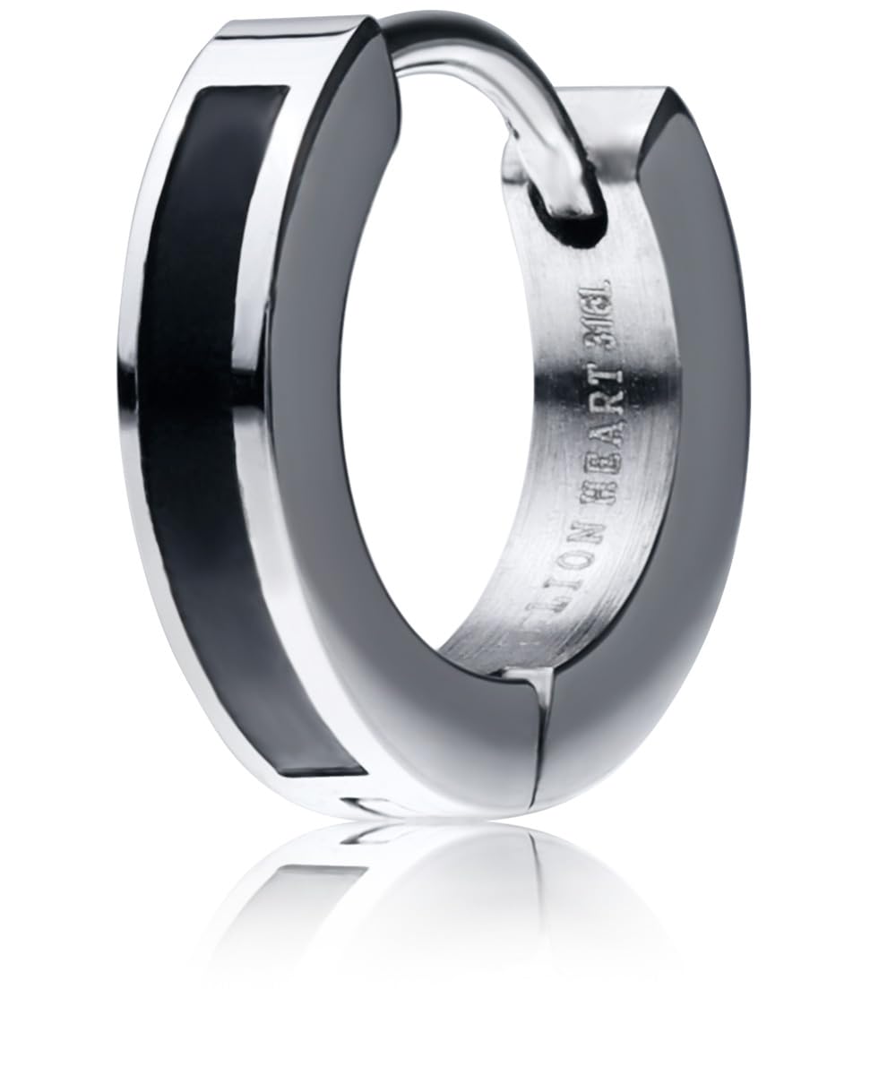 

ION HEART LH-1 Line Hoop Earrings, Surgical Stainless Steel (Hypoallergenic), Men s (Includes Pouch), Direct from Manufacturer, Silver/Black