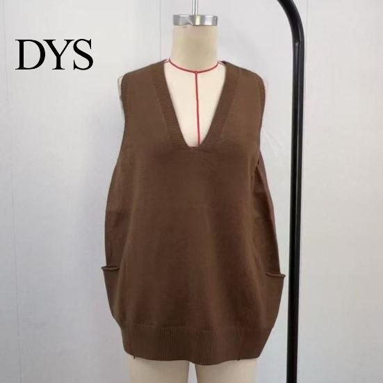 Sand Line Texture Vest Women Sweater V-neck Sleeveless Pockets Mid-length Knitting Jumper Tops Solid Color Autumn Winter Casual Knitwear Season