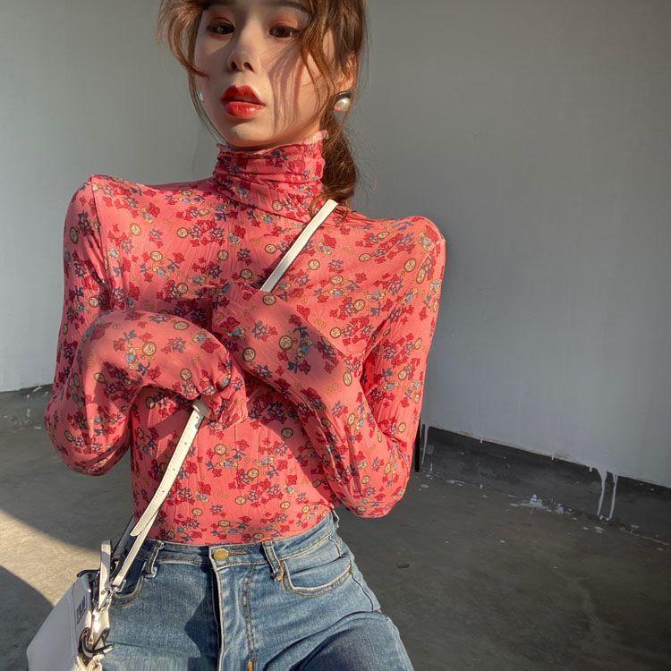 Hong Kong Style Vintage Chic Slimming Floral Top Women's Sexy Mesh Base Layer High Neck Sun Protection Shirt