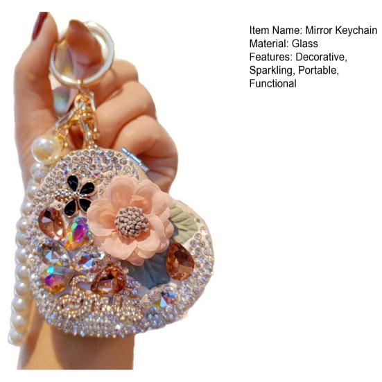 Folding Mirror Keychain Women Portable Makeup Mirror Rhinestone Faux Pearl Chain Sparkling Mirror Pendant for Touch-Ups Handbag