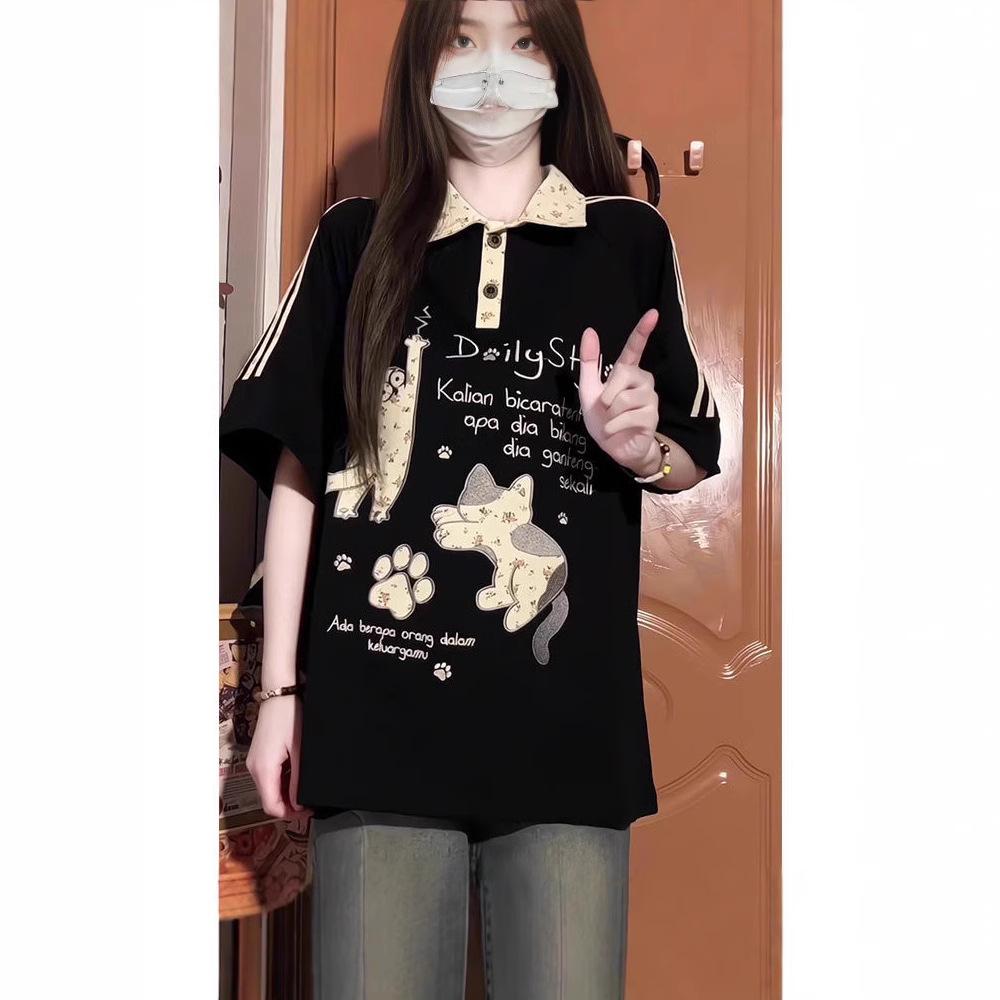 

Unisex Casual Loose Fit Cartoon Print Striped Polo T-Shirt with Turn-Down Collar Large чорний